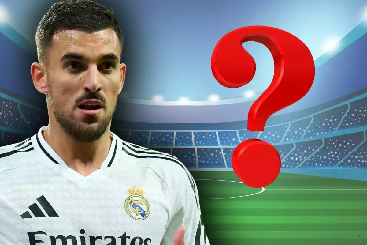 Soccer player in a Real Madrid uniform in a stadium next to a large red question mark