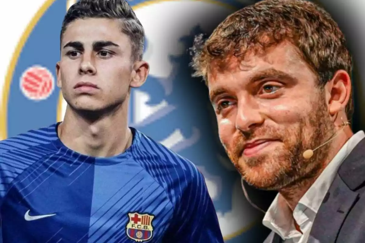 A young player wearing a blue Barcelona jersey appears next to a man with a headset microphone and a blurred background featuring a sports emblem.