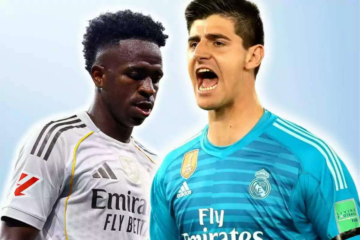 Dos jugadores del Real Madrid con uniforme, uno de ellos parece estar concentrado y el otro está gritando