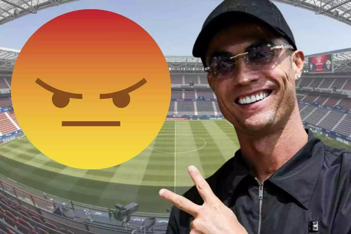 Smiling man with glasses and a cap making the peace sign next to an angry emoji in an empty soccer stadium
