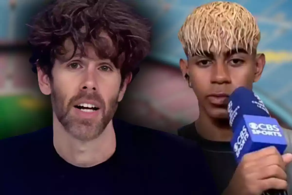 Two men appear in the foreground, one with curly hair and a beard, the other with platinum blonde hair and holding a CBS Sports microphone.