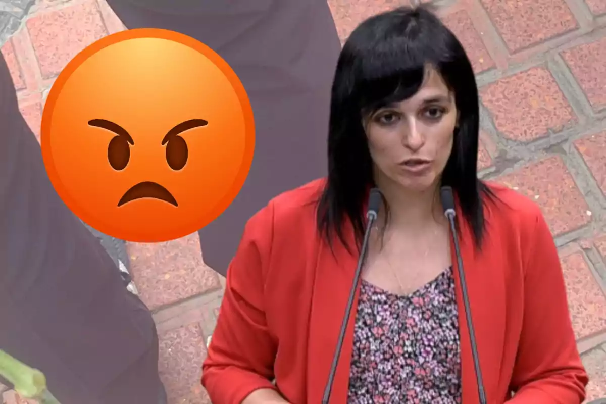 Dona de cabell fosc parlant davant de dos micròfons amb un emoji de ràbia gran al seu costat esquerre sobre un fons de terra de maons.