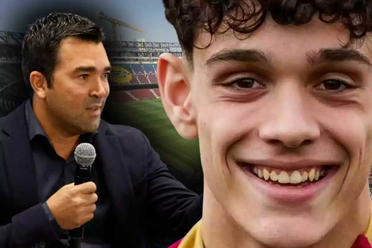 A man with a microphone and a smiling young man appear in the foreground with a soccer stadium in the background.