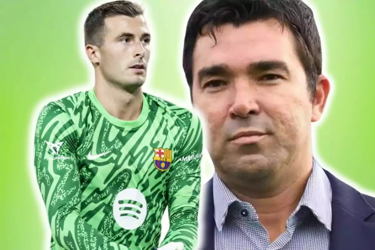 Portero con uniforme verde del FC Barcelona junto a un hombre de traje sobre un fondo verde difuminado