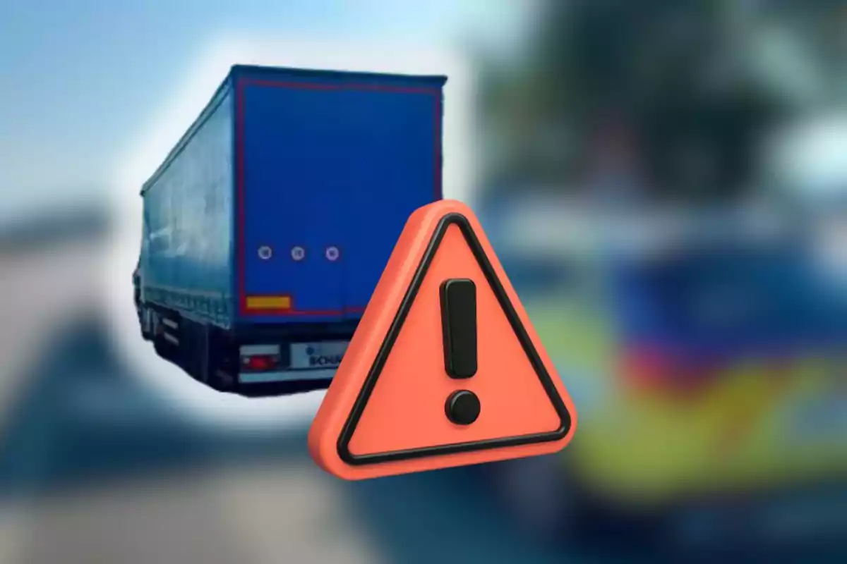 Camió blau a la carretera amb senyal d’advertència de perill