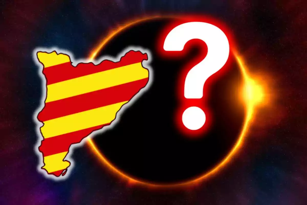 Mapa con franjas rojas y amarillas junto a un signo de interrogación sobre un eclipse solar