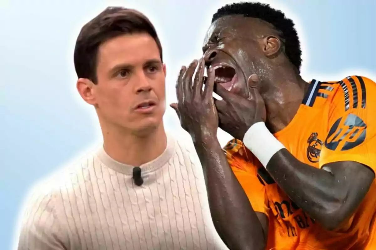 A man in a light sweater looks on seriously while a player in an orange Real Madrid uniform shouts in frustration.