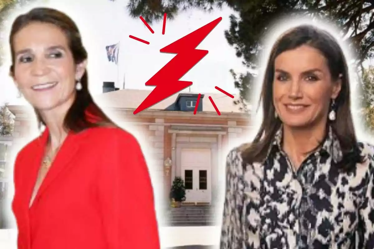 Dos mujeres sonrientes en primer plano con un rayo rojo entre ellas y una casa de fondo