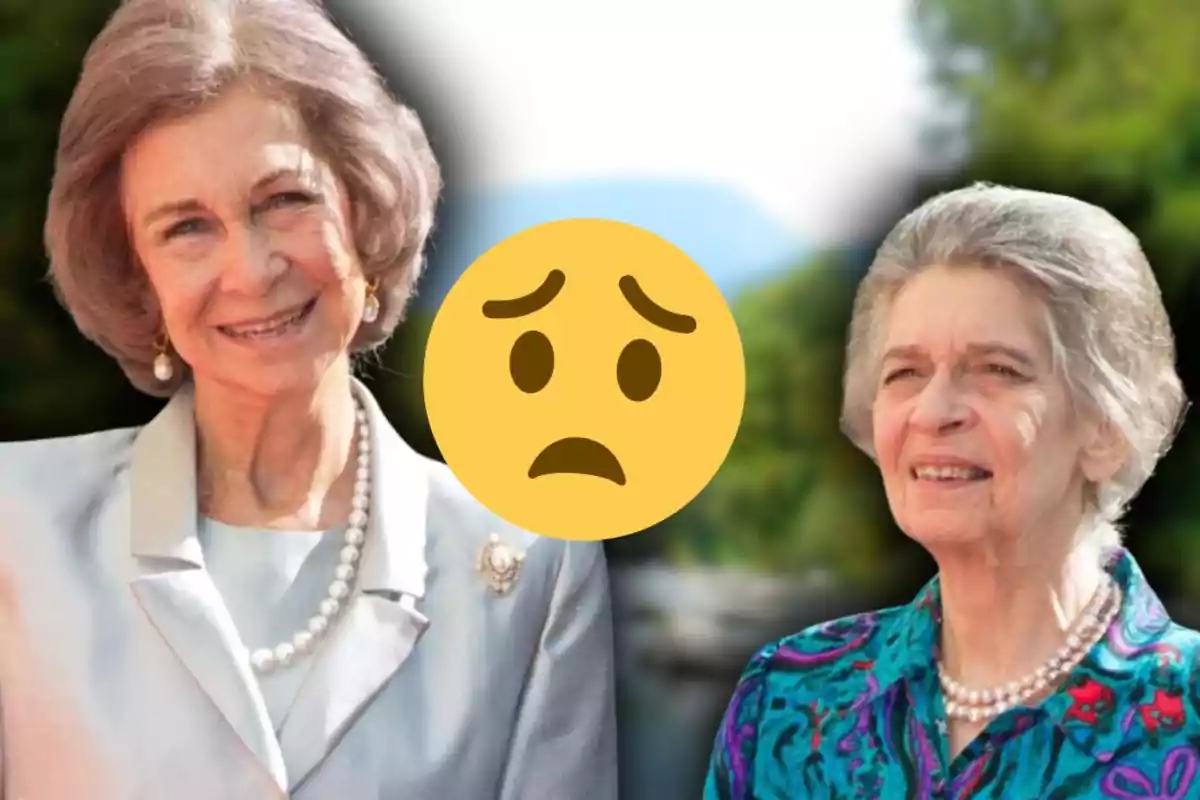 Dues dones grans somrients amb un emoji de preocupació al centre sobre un fons a l’aire lliure.