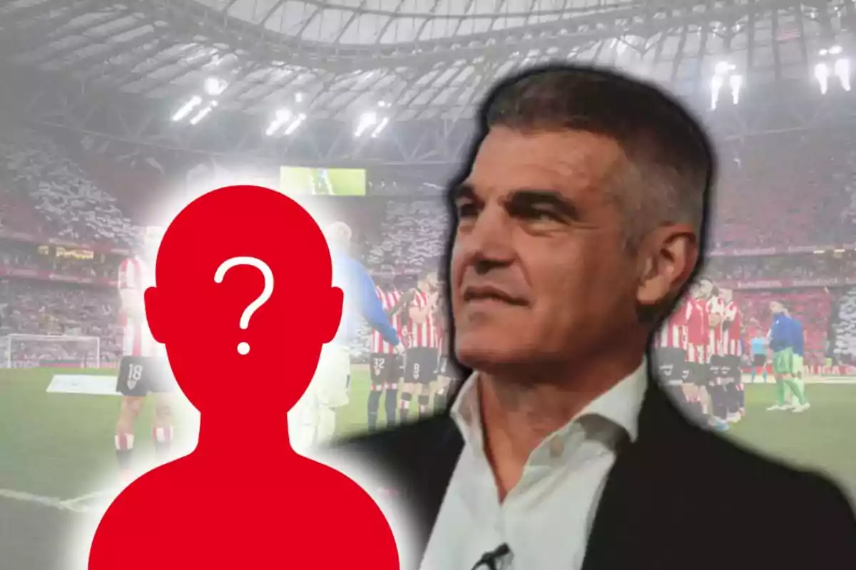 Home de cabells canosos al costat d’una silueta vermella amb un signe d’interrogació sobre un fons d’estadi de futbol ple d’aficionats