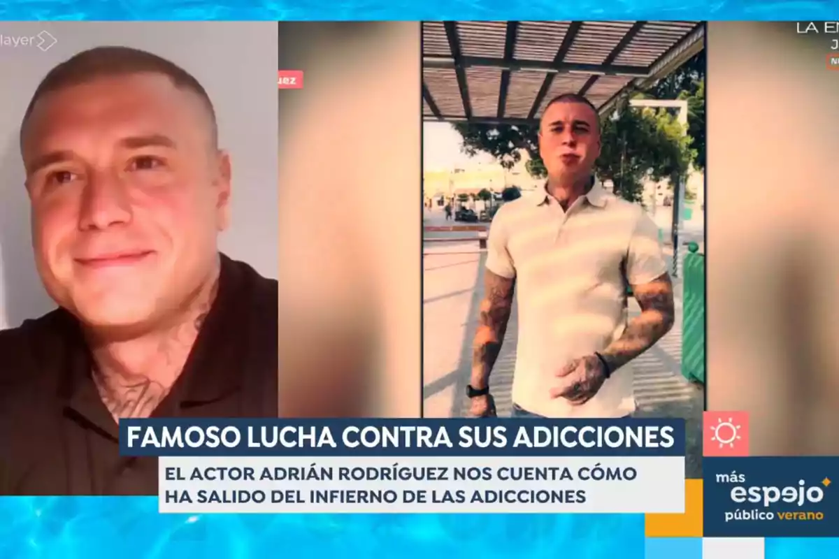 Adrián Rodríguez apareix en una videotrucada i en una imatge a l’aire lliure, acompanyat d’un titular que esmenta la seva lluita contra les addiccions en un programa de televisió. Captura d’‘Espejo Público’. Adrián Rodríguez apareix en una videotrucada i en una imatge a l’aire lliure, acompanyat d’un titular que esmenta la seva lluita contra les addiccions en un programa de televisió. Captura d’‘Espejo Público’.