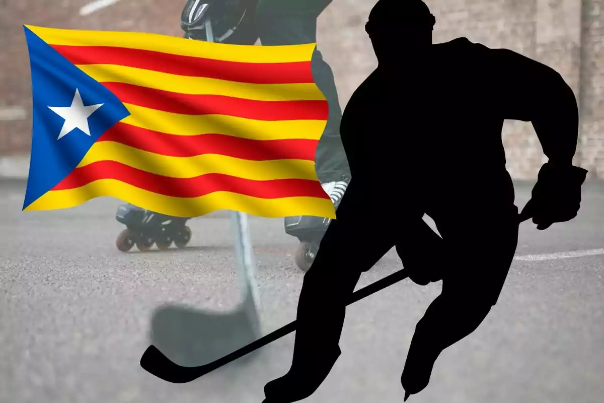 Silueta d’un jugador d’hoquei sobre patins al costat d’una bandera estelada onejant