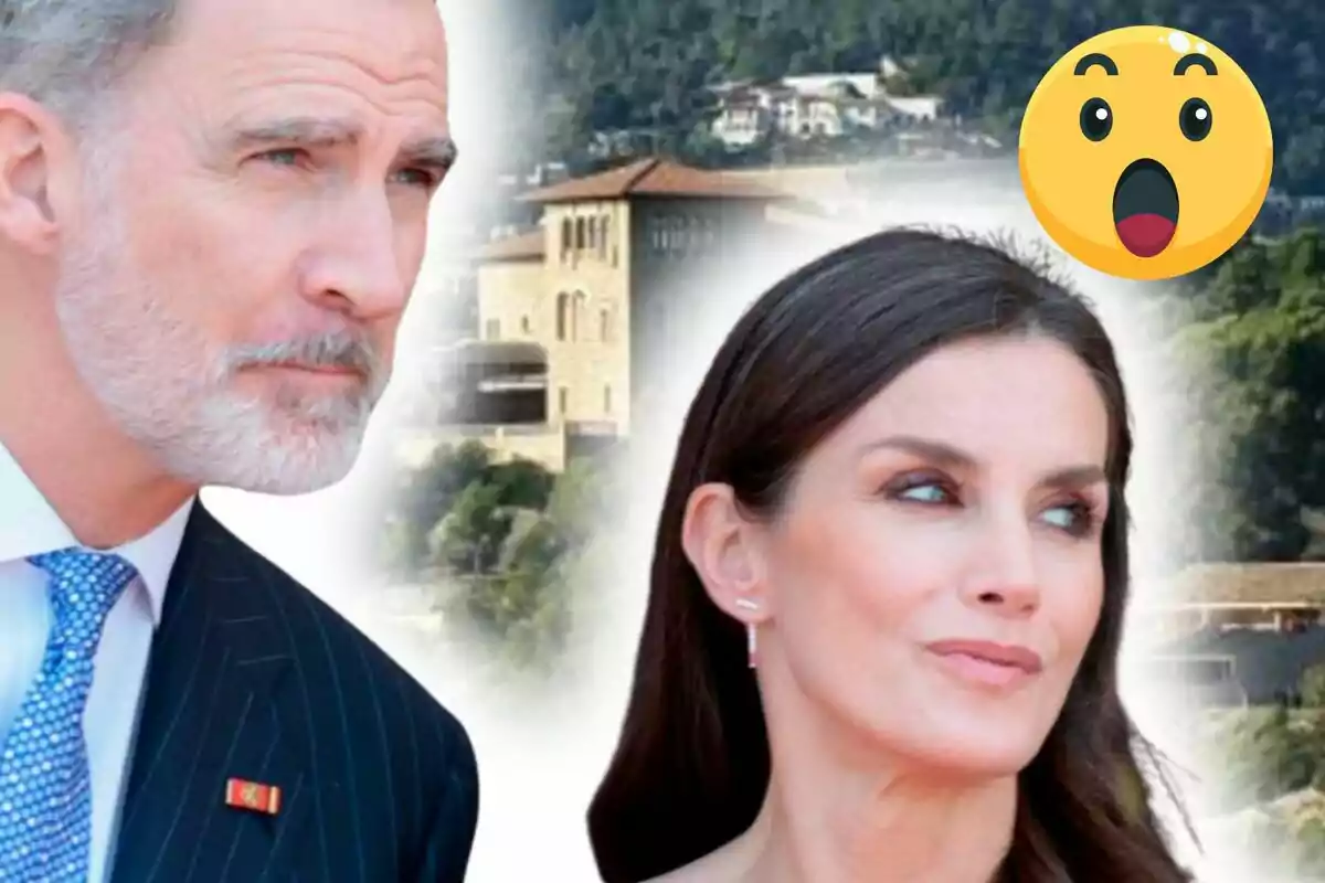 Un hombre de cabello canoso y barba junto a una mujer de cabello oscuro con expresión seria, ambos en primer plano, con un edificio al fondo y un emoji de sorpresa en la esquina superior derecha