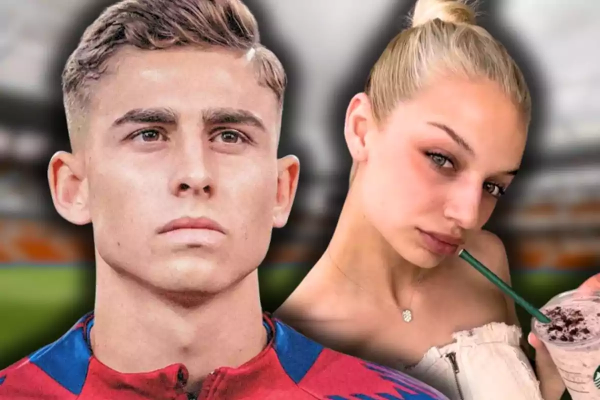 Un joven con camiseta deportiva mira al frente mientras una joven rubia sostiene una bebida y mira a la cámara, ambos con fondo desenfocado.