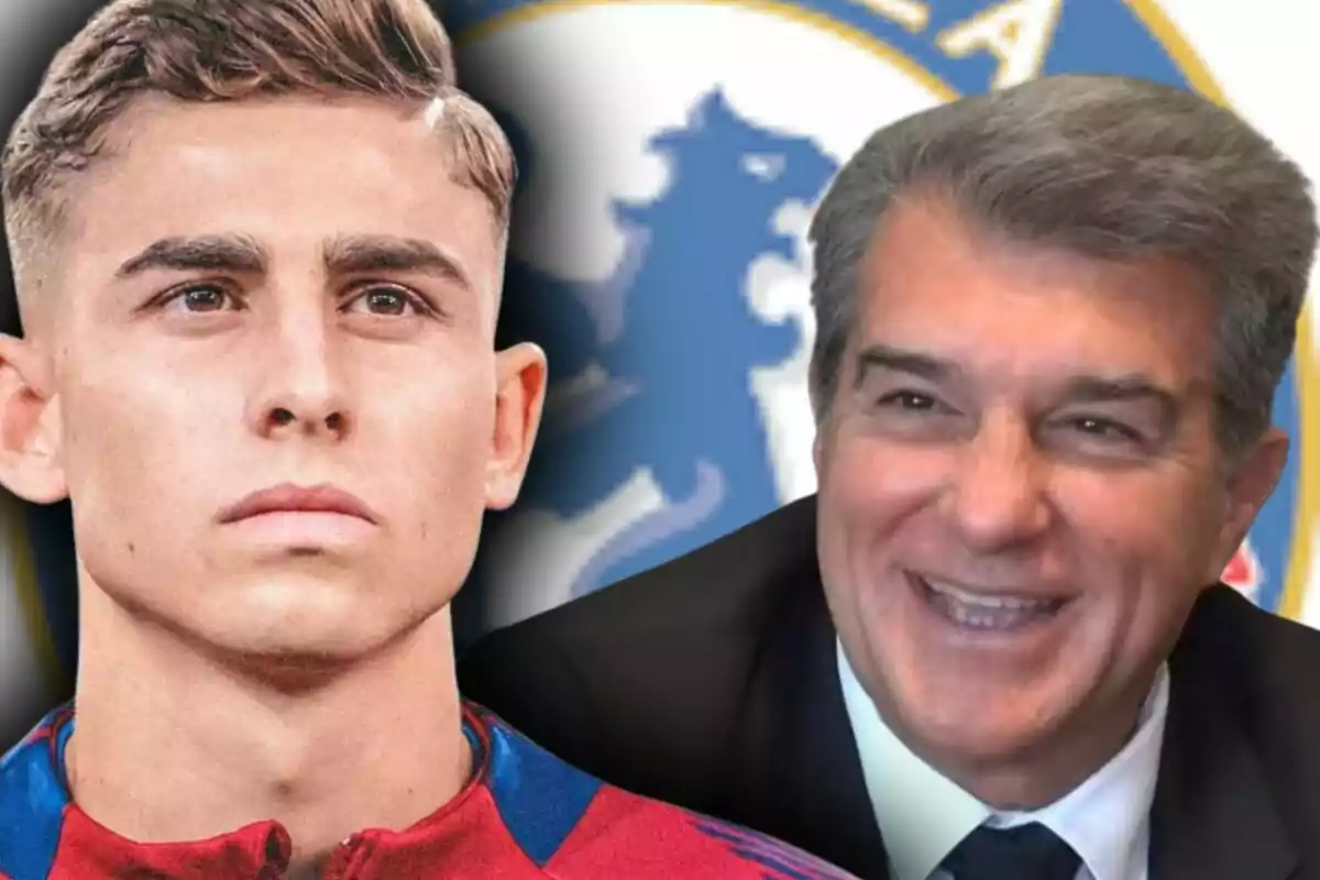 A young player in a blue and red uniform appears serious next to an older smiling man with a blurred Chelsea crest in the background.