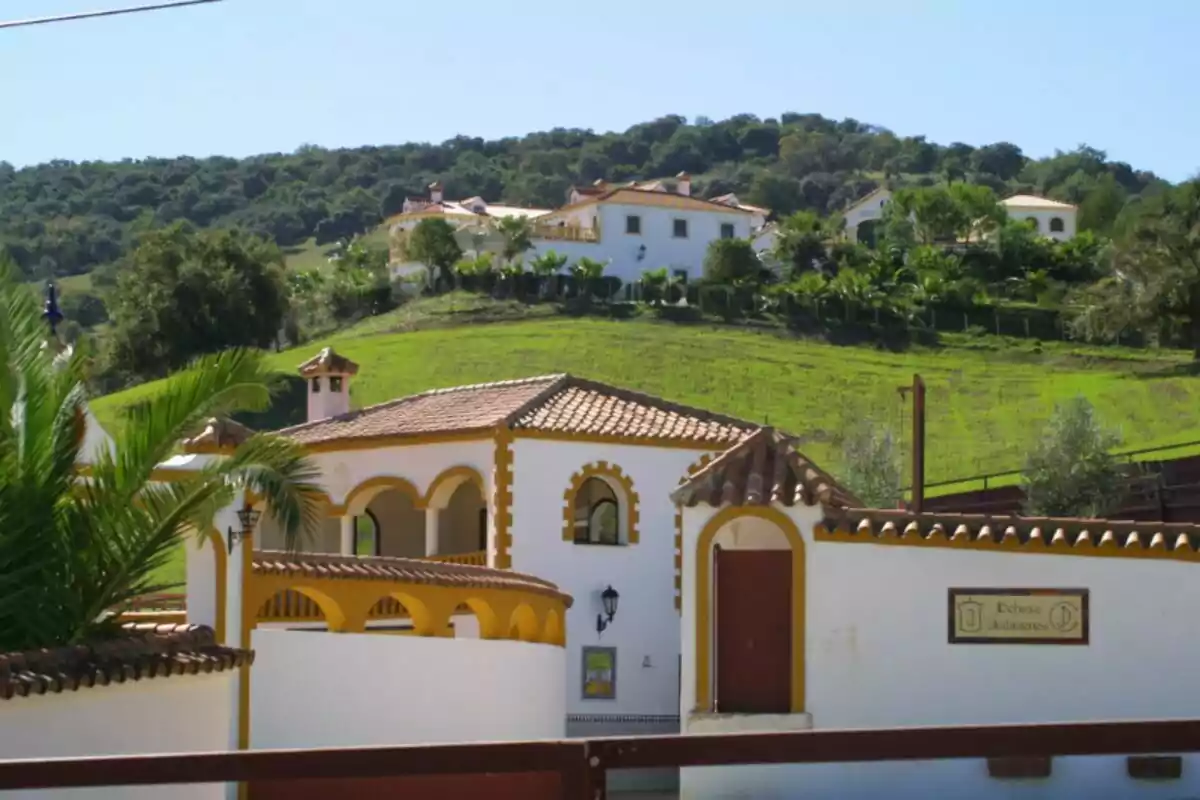 Casa de camp d’estil andalús amb parets blanques i detalls grocs, envoltada de turons verds i vegetació, amb altres cases al fons sobre el vessant. Casa de camp d’estil andalús amb parets blanques i detalls grocs, envoltada de turons verds i vegetació, amb altres cases al fons sobre el vessant.