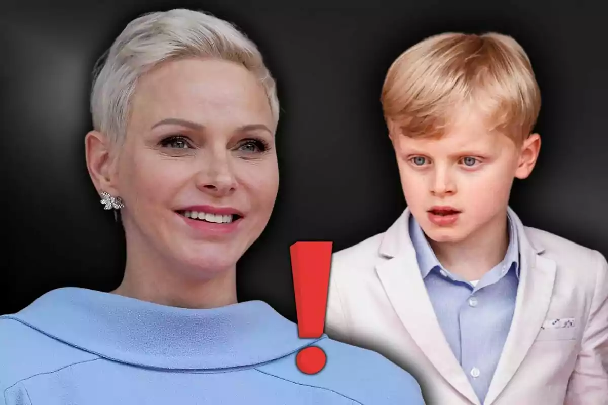 Short-haired blonde woman and blonde boy in a light jacket against a dark background with a red exclamation mark between them