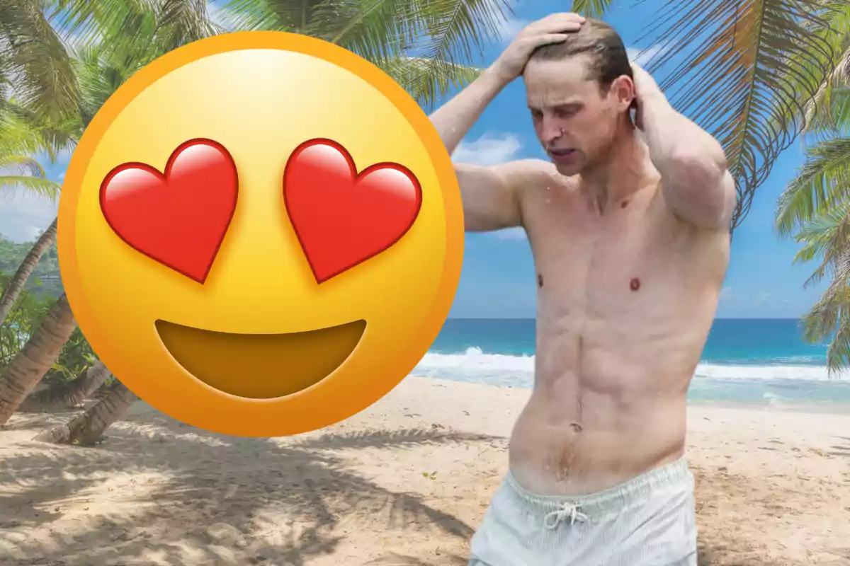 Hombre en la playa con un emoji de cara sonriente y ojos de corazón en primer plano
