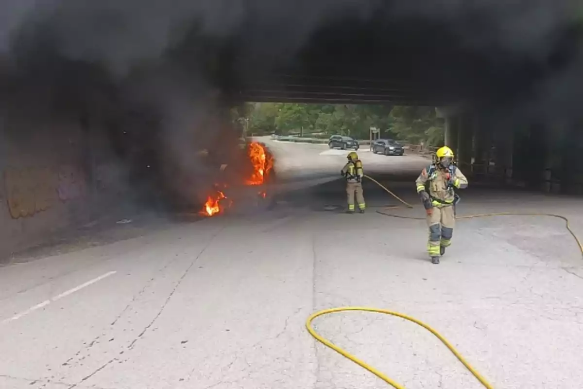 Bomberos apagan un incendio de un vehículo bajo un puente mientras una densa columna de humo negro se eleva en el aire