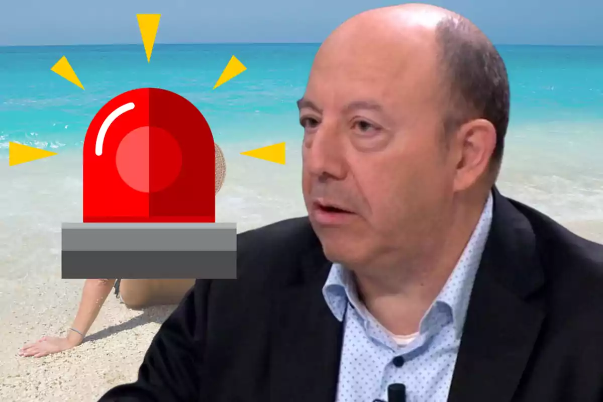 Hombre calvo con expresión seria en primer plano junto a una sirena de alarma roja sobre una playa con mar turquesa de fondo Hombre calvo con expresión seria en primer plano junto a una sirena de alarma roja sobre una playa con mar turquesa de fondo
