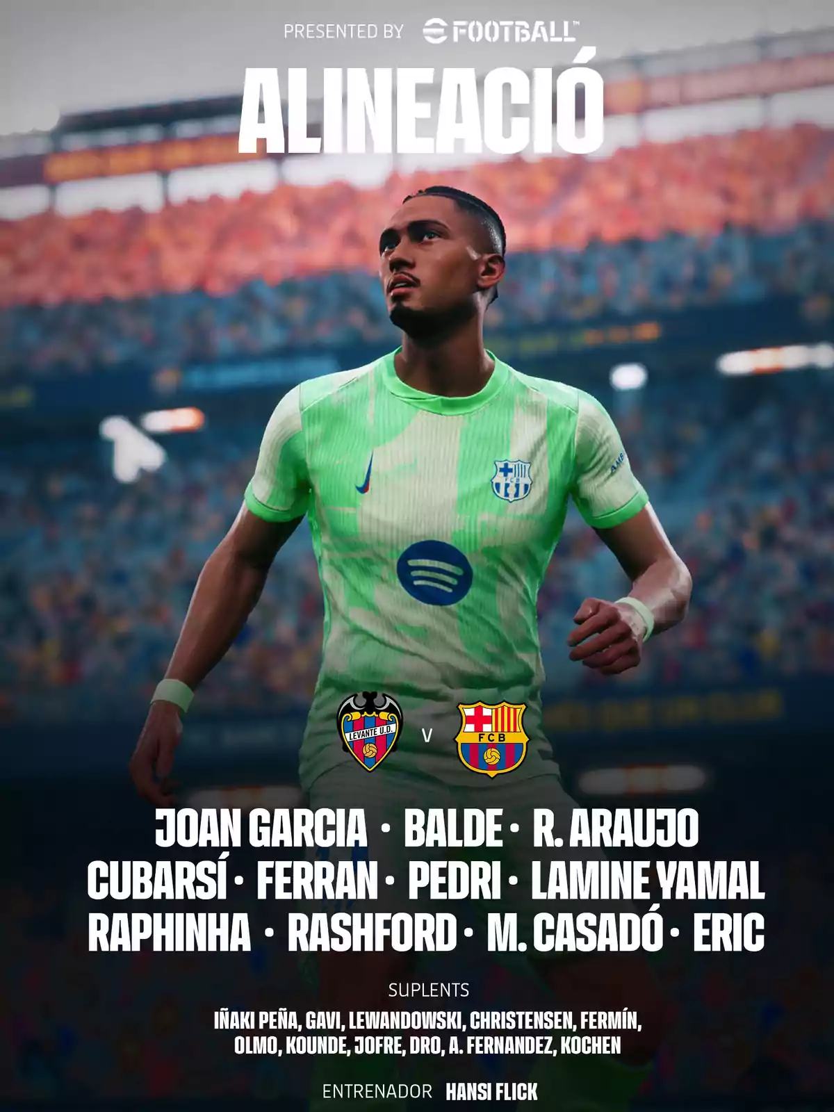Jugador del Barcelona con uniforme verde claro aparece en primer plano en un estadio lleno, acompañado de la alineación titular y suplentes del equipo para un partido contra el Levante Jugador del Barcelona con uniforme verde claro aparece en primer plano en un estadio lleno, acompañado de la alineación titular y suplentes del equipo para un partido contra el Levante