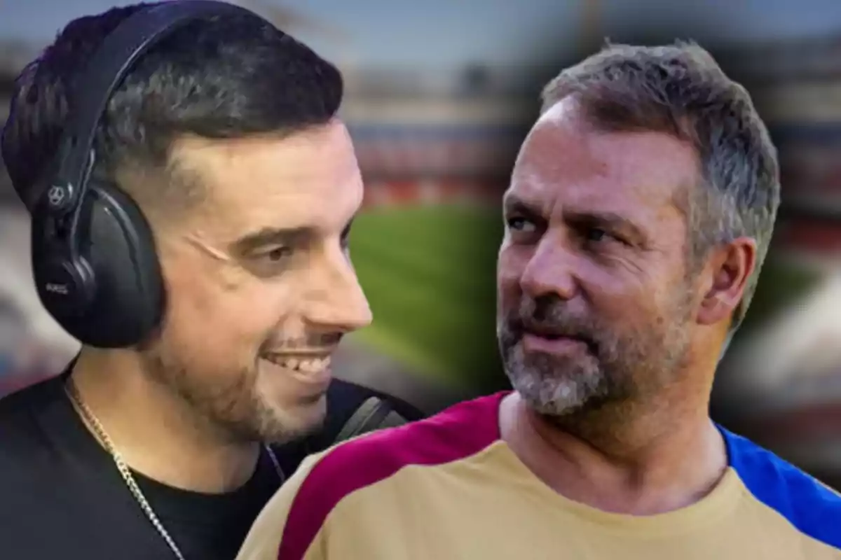 Two men talking, one with headphones and a microphone, the other wearing a sports jersey, blurred stadium background