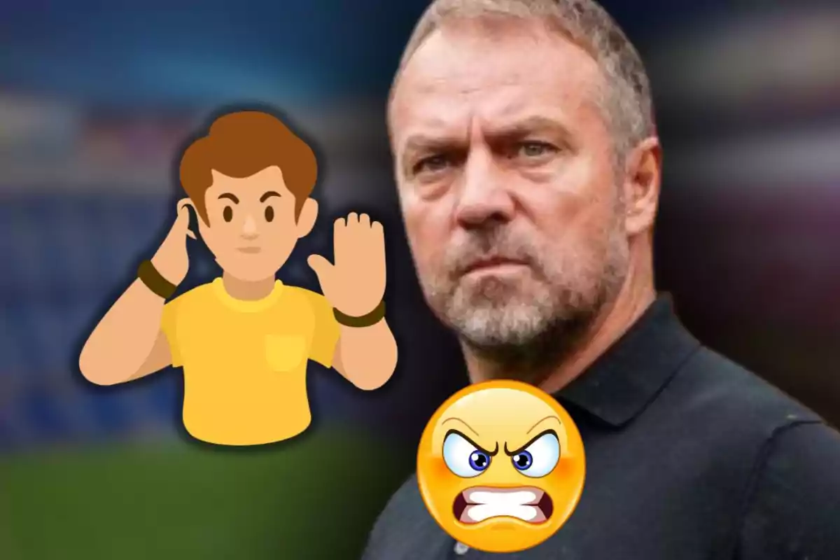 Hombre de expresión seria con un emoji de enojo y un dibujo de persona haciendo señal de alto