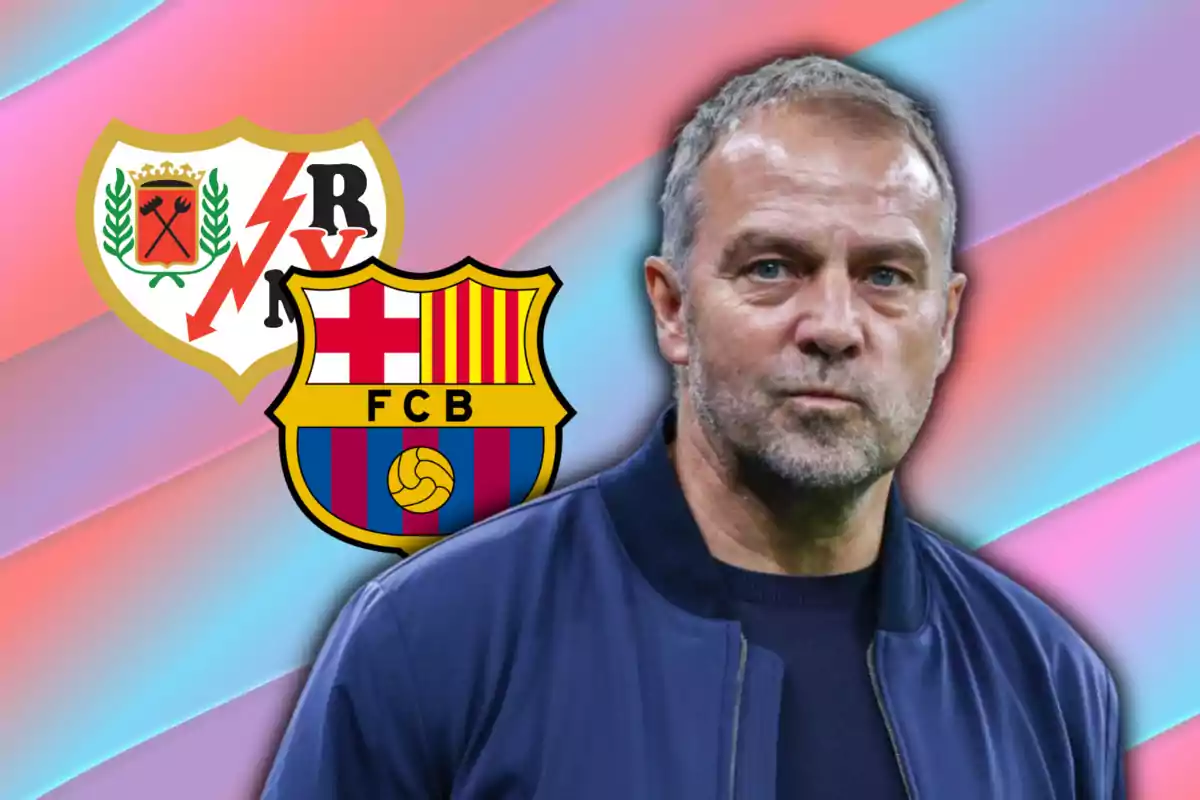 Hansi Flick y los escudos de Rayo Vallecano y Barça