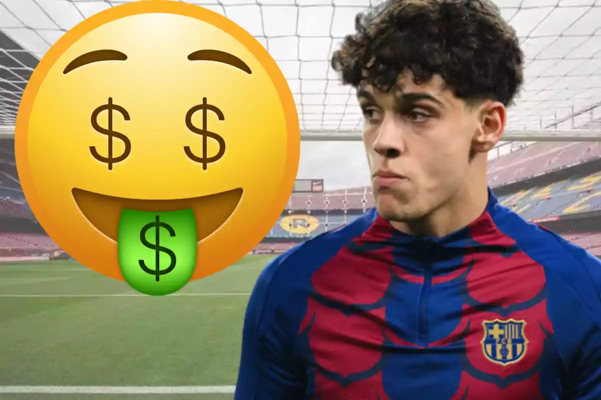 Un futbolista con el uniforme del Barcelona está en un estadio y a su lado aparece un emoji grande de cara sonriente con signos de dólar en los ojos y la lengua.