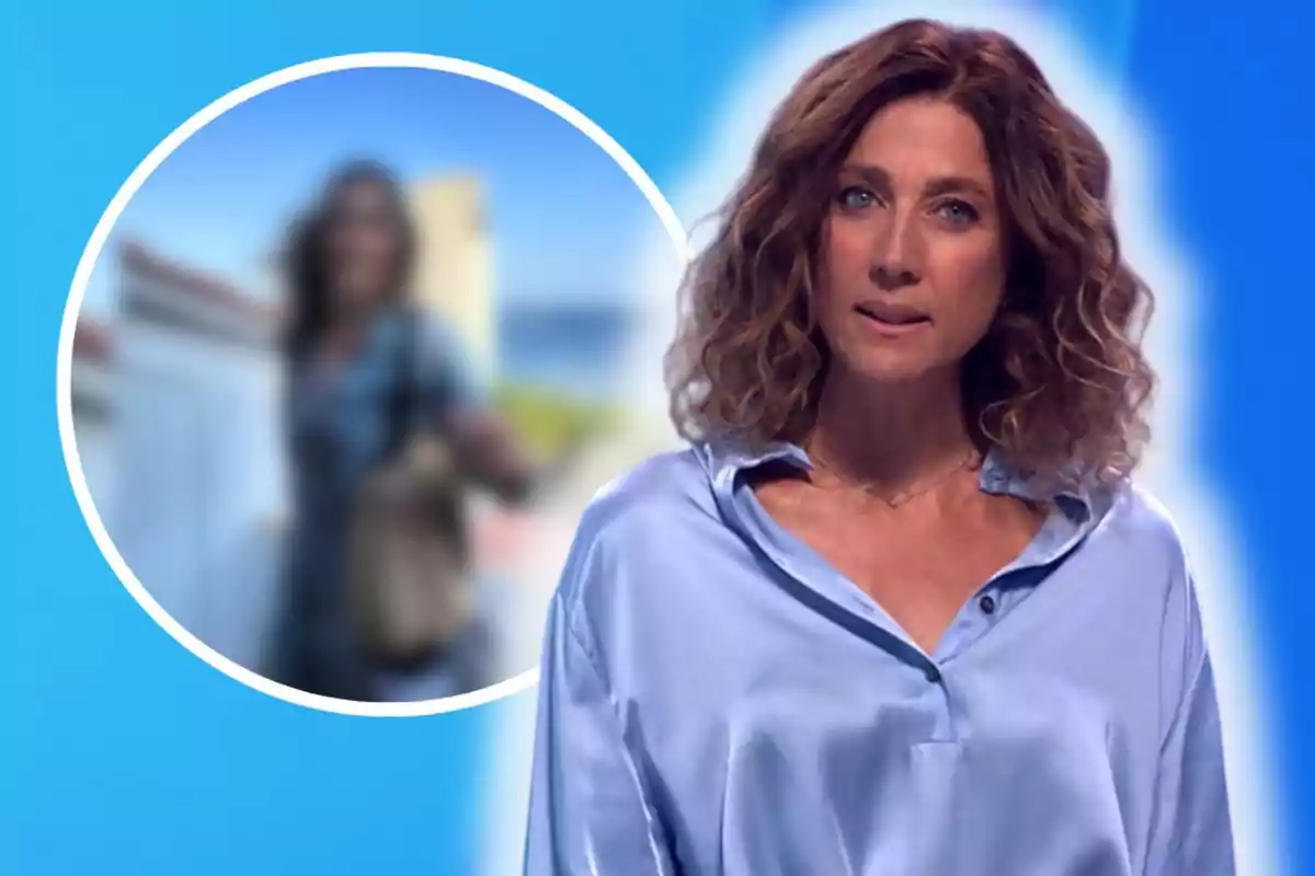 Mujer de cabello rizado y camisa azul claro en primer plano con expresión seria y fondo azul, junto a un círculo que muestra una imagen borrosa de otra persona