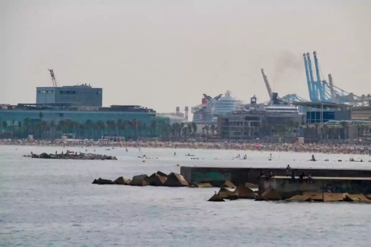 Vista d’una platja urbana amb molta gent, un espigó en primer pla i edificis industrials i grues al fons