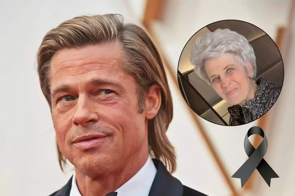 Brad Pitt de cabello rubio con traje en primer plano, en la esquina superior derecha aparece el retrato de su madre, Jane Etta, mayor de cabello canoso dentro de un círculo y un moño negro en la parte inferior derecha