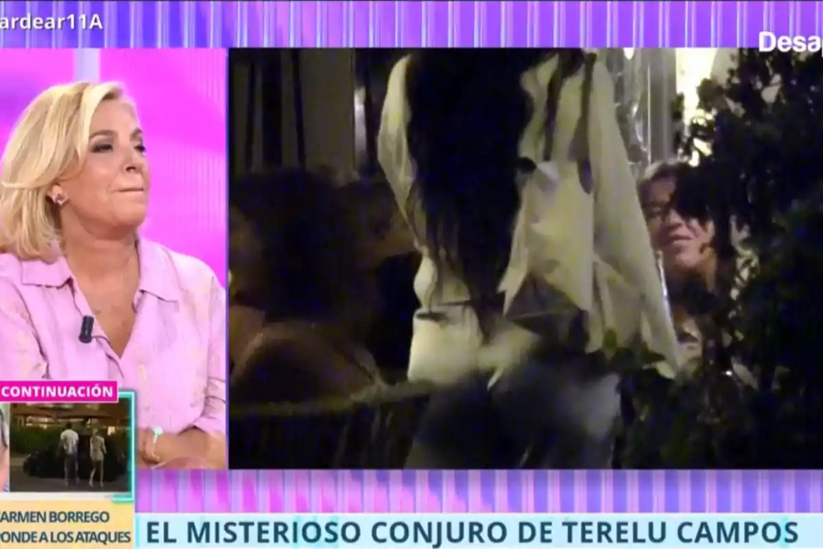 Carmen Borrego rubia con camisa rosa está sentada en un plató de televisión junto a una pantalla que muestra una imagen nocturna de varias personas y en la parte inferior se lee el texto el misterioso conjuro de Terelu Campos Carmen Borrego rubia con camisa rosa está sentada en un plató de televisión junto a una pantalla que muestra una imagen nocturna de varias personas y en la parte inferior se lee el texto el misterioso conjuro de Terelu Campos