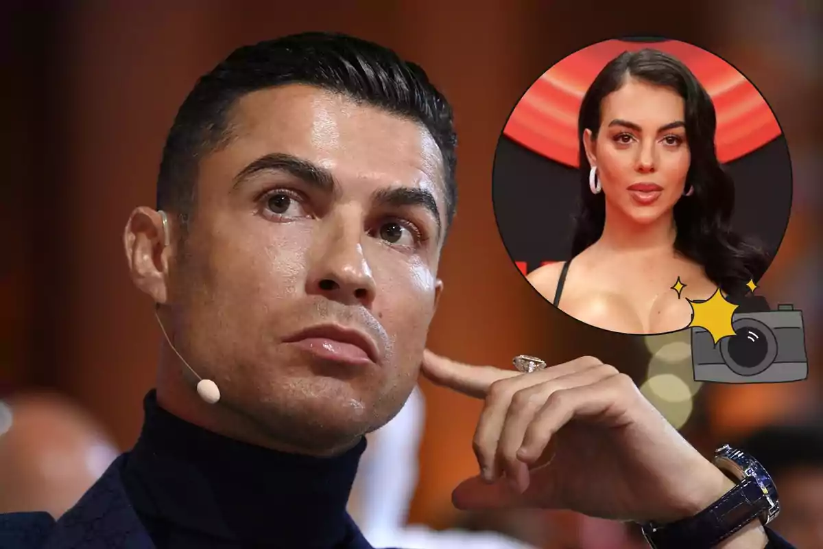 Cristiano Ronaldo pensativo con micrófono en la oreja y una imagen circular de Georgina Rodríguez en la esquina superior derecha junto a un icono de cámara fotográfica