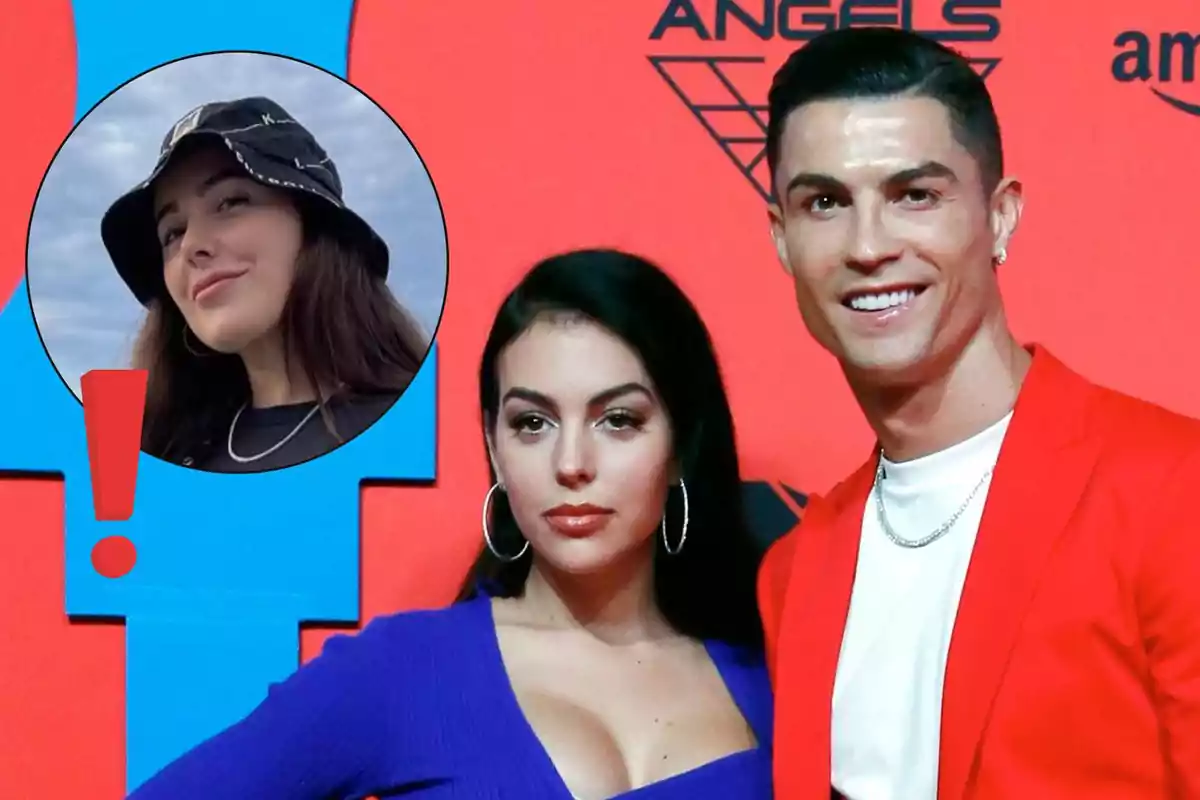 Georgina y Cristiano Ronaldo posando en un evento con fondo rojo y azul, junto a un círculo que muestra el retrato de Ivana Rodríguez con sombrero y un signo de exclamación rojo.