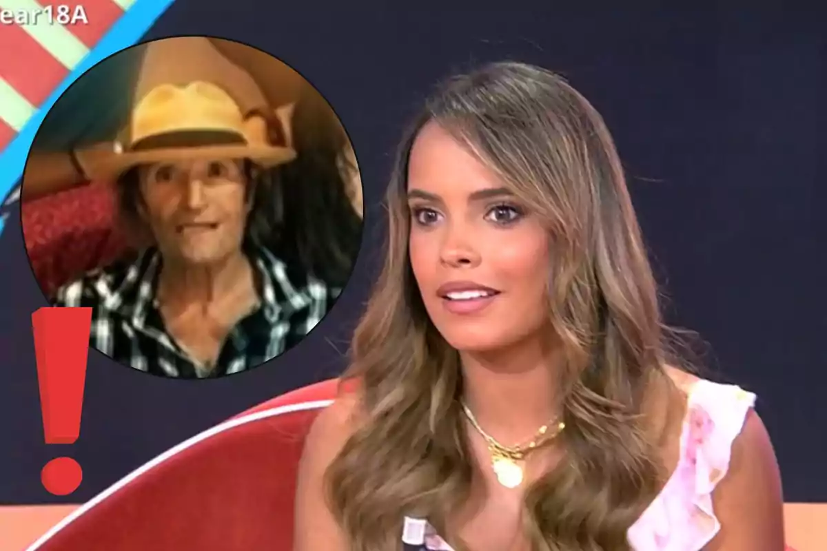 Dona jove amb cabell llarg i ondulat asseguda en un plató de televisió amb un cercle que mostra la imatge d’un home gran amb barret i camisa de quadres i un signe d’exclamació vermell.