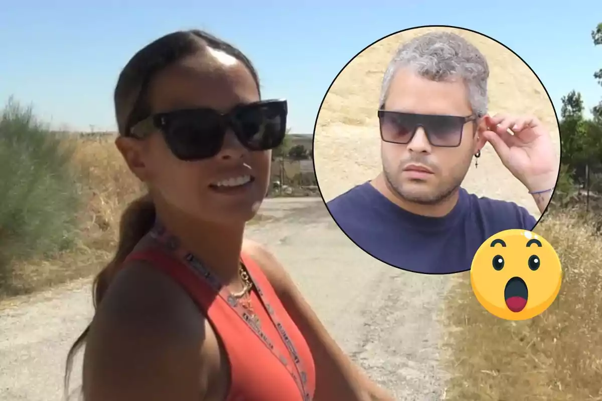 Dona amb ulleres de sol i samarreta vermella en un camí rural, amb un cercle que mostra un home amb ulleres fosques i un emoji de sorpresa