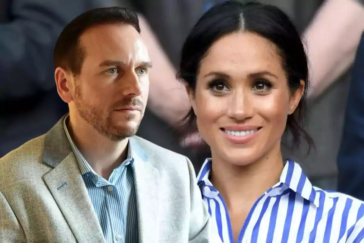 Grant Harrold con saco gris y camisa azul claro está al lado de Meghan Markle de cabello oscuro recogido que sonríe y lleva una blusa de rayas azules y blancas