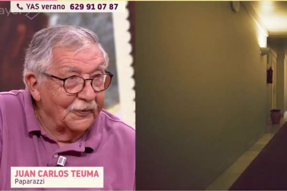Un home gran amb ulleres i bigoti, vestit amb una camisa morada, apareix en un programa de televisió al costat de la imatge d’un passadís il·luminat. Un home gran amb ulleres i bigoti, vestit amb una camisa morada, apareix en un programa de televisió al costat de la imatge d’un passadís il·luminat.