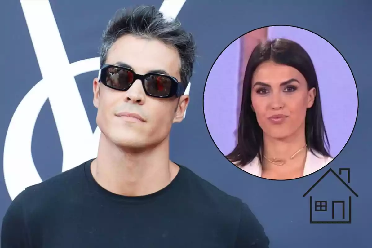 Kiko Jiménez con gafas de sol y camiseta negra posando frente a un fondo azul con el rostro de Sofía Suescun de cabello oscuro en un círculo en la esquina superior derecha y un icono de casa en la parte inferior derecha