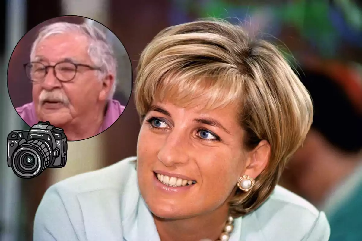 Dona rossa somrient en primer pla amb un requadre circular a la cantonada superior esquerra que mostra un home gran amb ulleres i bigoti al costat d’un dibuix d’una càmera fotogràfica.