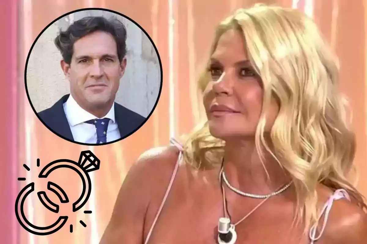 Dona rossa en un plató de televisió amb un micròfon, un cercle amb la imatge d’un home i un dibuix d’anells de compromís a la cantonada