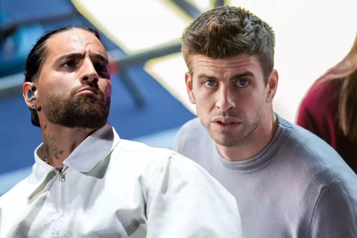 Maluma y Gerard Piqué mirando en diferentes direcciones uno con barba y chaqueta blanca y otro con suéter gris