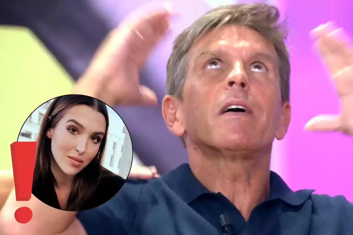 Manuel Díaz ‘El Cordobés’ con expresión de sorpresa levantando las manos y un recuadro con la foto de Alba Díaz joven y un signo de exclamación rojo en la esquina inferior izquierda