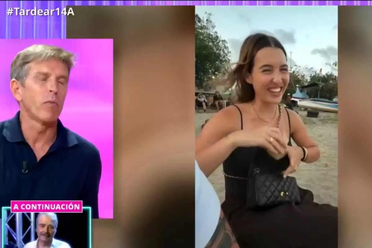 Manuel ‘El Cordobés’ con camisa azul aparece en un programa de televisión junto a la imagen de una Alba Díaz joven sonriendo en la playa mientras sostiene un bolso negro Manuel ‘El Cordobés’ con camisa azul aparece en un programa de televisión junto a la imagen de una Alba Díaz joven sonriendo en la playa mientras sostiene un bolso negro