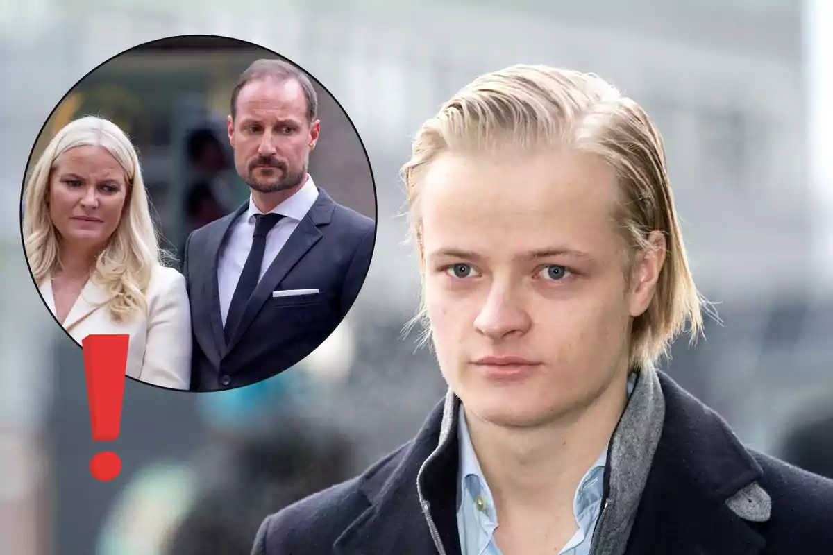 Young blond-haired person with a serious expression in the foreground, with a circle in the upper left corner showing a formally dressed couple and a red exclamation mark.