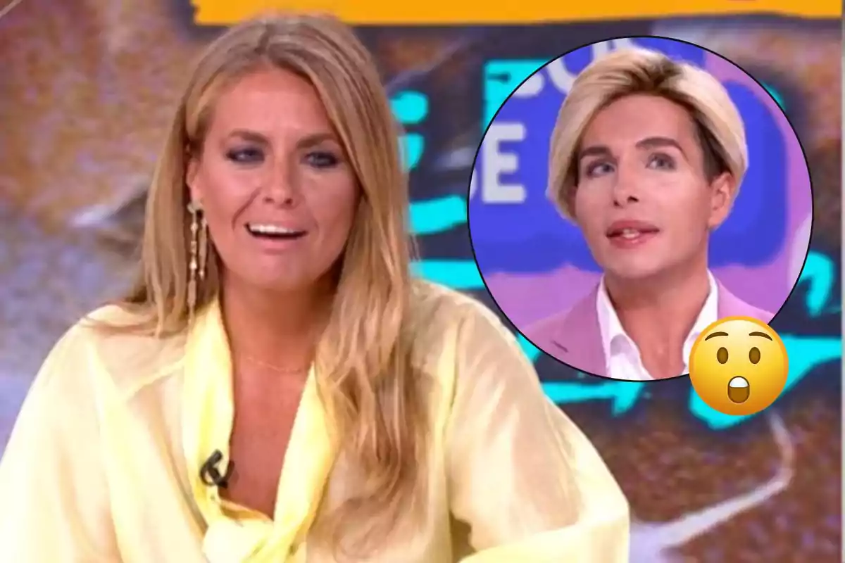 Dona rossa amb una brusa groga parlant en un programa de televisió amb un requadre circular que mostra una altra persona de cabell ros i un emoji de sorpresa
