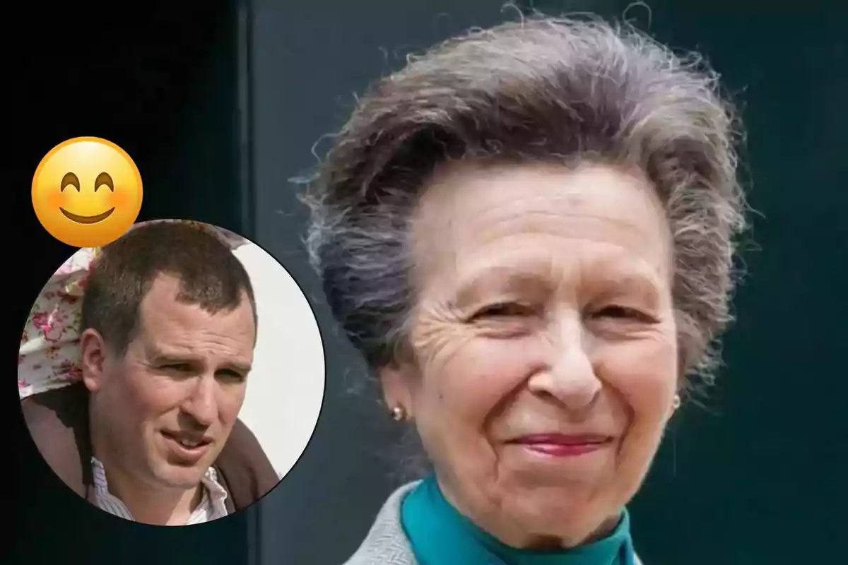 Dona gran de cabell canós somrient en primer pla amb un cercle que mostra un home de cabell curt i un emoji somrient a la cantonada superior esquerra