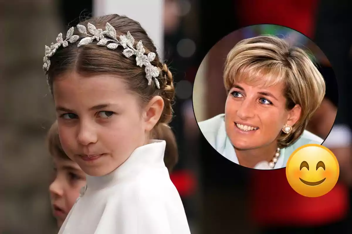 La princesa Charlotte con diadema plateada mirando de reojo y un círculo con el rostro de Lady Di rubia sonriente junto a un emoji de carita feliz