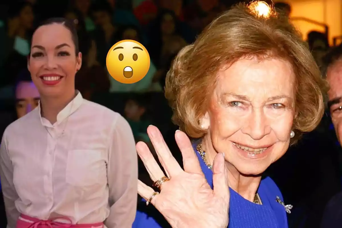 Two women are smiling, one of them is waving, and there is a surprised emoji between them.